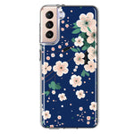 Samsung Galaxy S21 FE Kawaii Japanese Pink Cherry Blossom Navy Blue Hybrid Protective Phone Case Cover