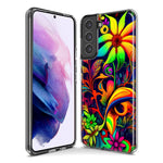 Samsung Galaxy S21 Neon Rainbow Psychedelic Trippy Hippie Daisy Flowers Hybrid Protective Phone Case Cover