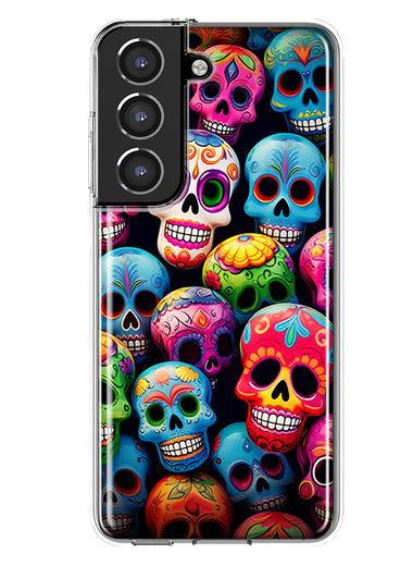 Samsung Galaxy S21 Plus Halloween Spooky Colorful Day of the Dead Skulls Hybrid Protective Phone Case Cover