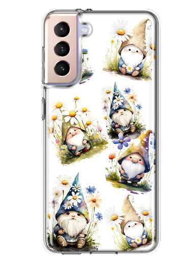 Samsung Galaxy S21 FE Cute White Blue Daisies Gnomes Hybrid Protective Phone Case Cover