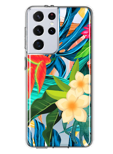 Samsung Galaxy S21 Ultra Blue Monstera Pothos Tropical Floral Summer Flowers Hybrid Protective Phone Case Cover