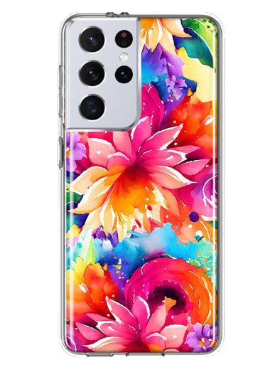 Samsung Galaxy S21 Ultra Watercolor Paint Summer Rainbow Flowers Bouquet Bloom Floral Hybrid Protective Phone Case Cover