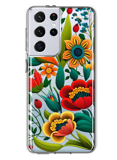 Samsung Galaxy S21 Ultra Colorful Red Orange Folk Style Floral Vibrant Spring Flowers Hybrid Protective Phone Case Cover