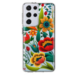 Samsung Galaxy S21 Ultra Colorful Red Orange Folk Style Floral Vibrant Spring Flowers Hybrid Protective Phone Case Cover