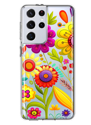 Samsung Galaxy S21 Ultra Colorful Yellow Pink Folk Style Floral Vibrant Spring Flowers Hybrid Protective Phone Case Cover