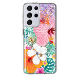 Samsung Galaxy S21 Ultra Hawaiian Vibes Hibiscus Flowers Monstera Vacation Summer Hybrid Protective Phone Case Cover