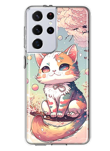 Samsung Galaxy S21 Ultra Kawaii Manga Pink Cherry Blossom Cute Cat Hybrid Protective Phone Case Cover