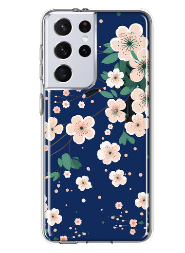 Samsung Galaxy S21 Ultra Kawaii Japanese Pink Cherry Blossom Navy Blue Hybrid Protective Phone Case Cover