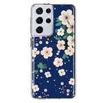 Samsung Galaxy S21 Ultra Kawaii Japanese Pink Cherry Blossom Navy Blue Hybrid Protective Phone Case Cover