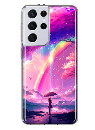 Samsung Galaxy S21 Ultra Kawaii Manga Pink Cherry Blossom Japanese Rainbow Girl Hybrid Protective Phone Case Cover