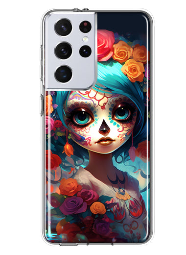 Samsung Galaxy S21 Ultra Halloween Spooky Colorful Day of the Dead Skull Girl Hybrid Protective Phone Case Cover