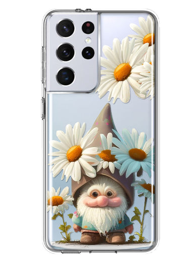 Samsung Galaxy S21 Ultra Cute Gnome White Daisy Flowers Floral Hybrid Protective Phone Case Cover