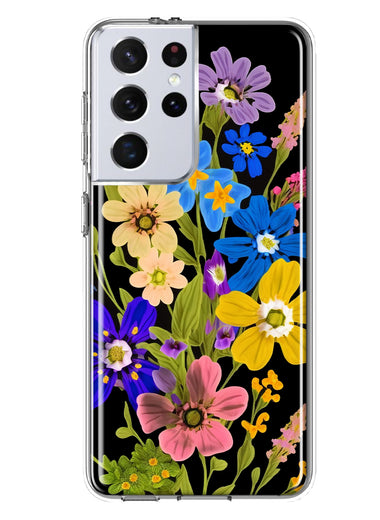 Samsung Galaxy S21 Ultra Blue Yellow Vintage Spring Wild Flowers Floral Hybrid Protective Phone Case Cover