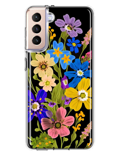 Samsung Galaxy S21 Blue Yellow Vintage Spring Wild Flowers Floral Hybrid Protective Phone Case Cover