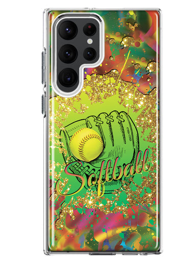 Samsung Galaxy S22 Ultra Love Softball Girls Glove Green Tie Dye Swirl Paint Hybrid Protective Phone Case Cover