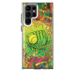 Samsung Galaxy S22 Ultra Love Softball Girls Glove Green Tie Dye Swirl Paint Hybrid Protective Phone Case Cover