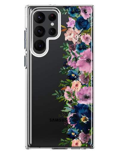 Samsung Galaxy S22 Ultra Navy Blue Summer Watercolor Floral Classic Purple Flowers Hybrid Protective Phone Case Cover