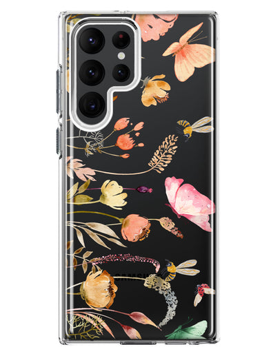 Samsung Galaxy S23 Ultra Peach Meadow Wildflowers Butterflies Bees Watercolor Floral Hybrid Protective Phone Case Cover