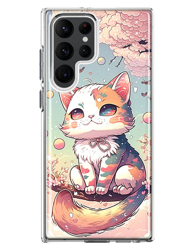 Samsung Galaxy S22 Ultra Kawaii Manga Pink Cherry Blossom Cute Cat Hybrid Protective Phone Case Cover