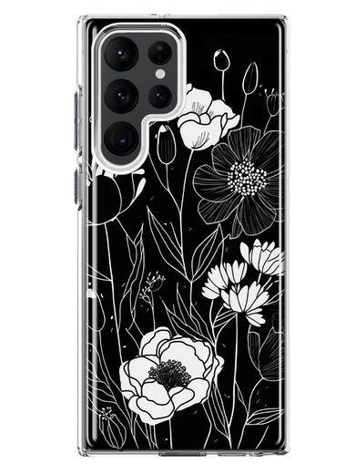 Samsung Galaxy S22 Ultra Line Drawing Art White Floral Flowers Hybrid Protective Phone Case Cover