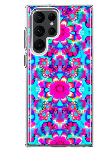 Samsung Galaxy S23 Ultra Pink Blue Vintage Hippie Tie Dye Flowers Hybrid Protective Phone Case Cover