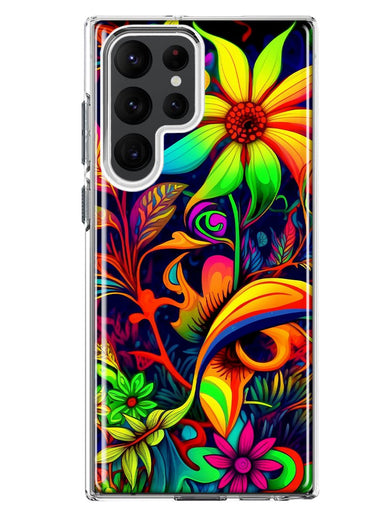 Samsung Galaxy S22 Ultra Neon Rainbow Psychedelic Trippy Hippie Daisy Flowers Hybrid Protective Phone Case Cover