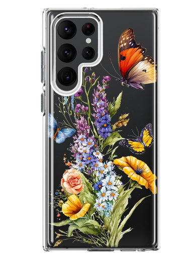 Samsung Galaxy S22 Ultra Yellow Purple Spring Flowers Butterflies Floral Hybrid Protective Phone Case Cover