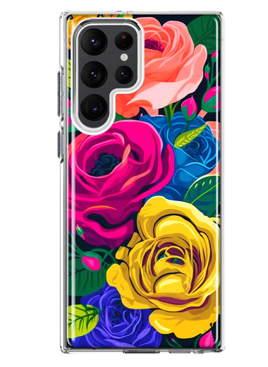 Samsung Galaxy S22 Ultra Vintage Pastel Abstract Colorful Pink Yellow Blue Roses Double Layer Phone Case Cover
