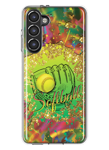 Samsung Galaxy S23 Love Softball Girls Glove Green Tie Dye Swirl Paint Hybrid Protective Phone Case Cover