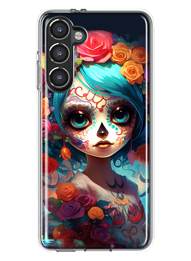 Samsung Galaxy S23 Plus Halloween Spooky Colorful Day of the Dead Skull Girl Hybrid Protective Phone Case Cover