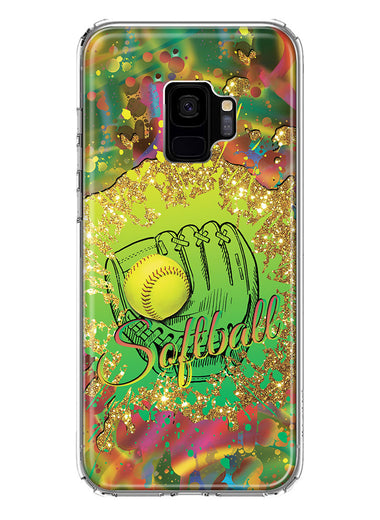 Samsung Galaxy S9 Love Softball Girls Glove Green Tie Dye Swirl Paint Hybrid Protective Phone Case Cover