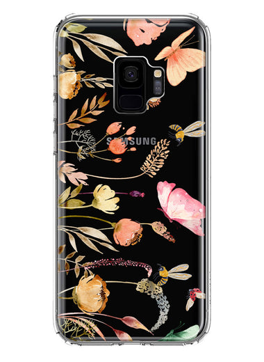 Samsung Galaxy S9 Peach Meadow Wildflowers Butterflies Bees Watercolor Floral Hybrid Protective Phone Case Cover