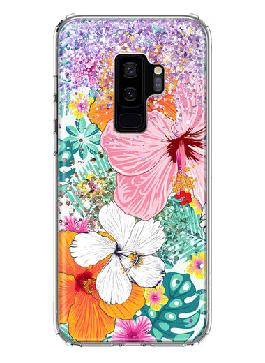 Samsung Galaxy S9 Plus Hawaiian Vibes Hibiscus Flowers Monstera Vacation Summer Hybrid Protective Phone Case Cover