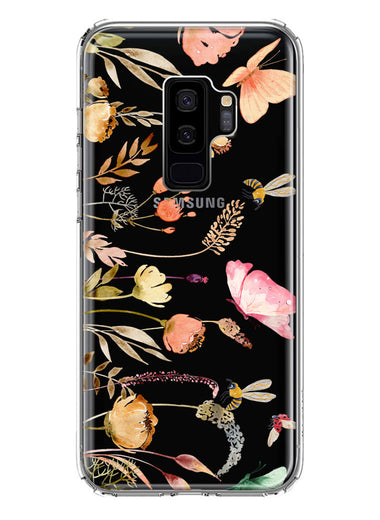 Samsung Galaxy S9 Plus Peach Meadow Wildflowers Butterflies Bees Watercolor Floral Hybrid Protective Phone Case Cover