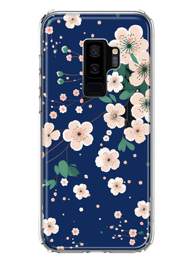 Samsung Galaxy S9 Plus Kawaii Japanese Pink Cherry Blossom Navy Blue Hybrid Protective Phone Case Cover