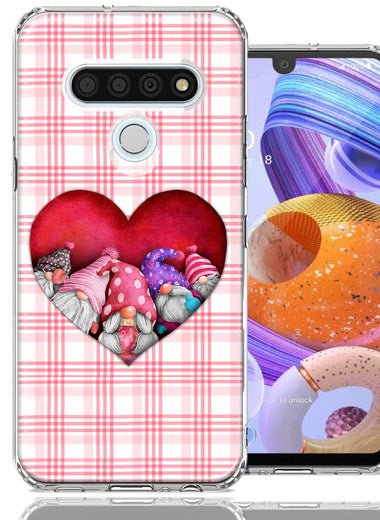 LG K51 Valentine's Day Garden Gnomes Heart Love Pink Plaid Double Layer Phone Case Cover