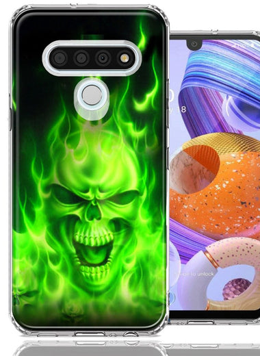 LG Stylo 6 Green Flaming Skull Design Double Layer Phone Case Cover