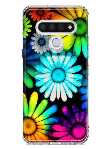 LG Stylo 6 Neon Rainbow Daisy Glow Colorful Daisies Baby Blue Pink Yellow White Double Layer Phone Case Cover