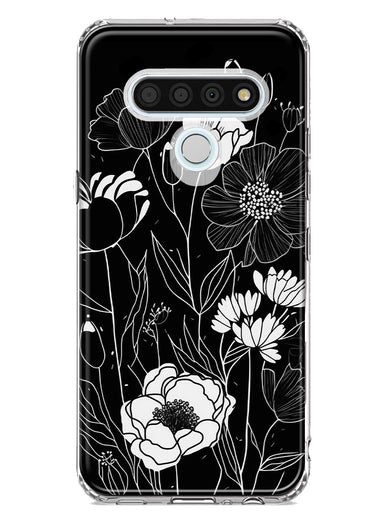 LG Stylo 6 Line Drawing Art White Floral Flowers Hybrid Protective Phone Case Cover