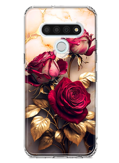LG Stylo 6 Romantic Elegant Gold Marble Red Roses Double Layer Phone Case Cover