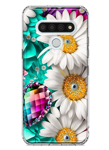 LG Stylo 6 Colorful Crystal White Daisies Rainbow Gems Teal Double Layer Phone Case Cover