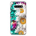 LG Stylo 6 Colorful Crystal White Daisies Rainbow Gems Teal Double Layer Phone Case Cover