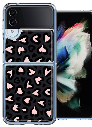 Samsung Galaxy Z Flip 4 Cute Pink Leopard Print Hearts Valentines Day Love Double Layer Phone Case Cover