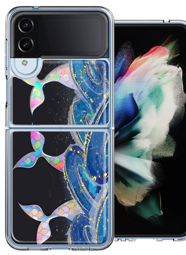 Samsung Galaxy Z Flip 4 Rainbow Mermaid Tails Scales Ocean Waves Beach Girls Summer Double Layer Phone Case Cover