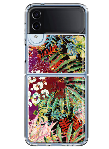 Samsung Galaxy Z Flip 4 Leopard Tropical Flowers Vacation Dreams Hibiscus Floral Hybrid Protective Phone Case Cover