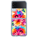 Samsung Galaxy Z Flip 4 Watercolor Paint Summer Rainbow Flowers Bouquet Bloom Floral Hybrid Protective Phone Case Cover