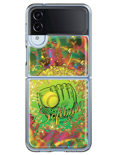 Samsung Galaxy Z Flip 4 Love Softball Girls Glove Green Tie Dye Swirl Paint Hybrid Protective Phone Case Cover