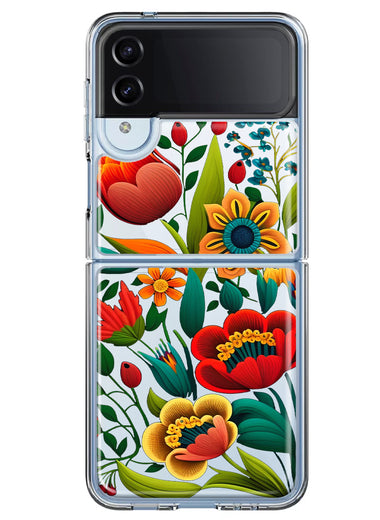 Samsung Galaxy Z Flip 4 Colorful Red Orange Folk Style Floral Vibrant Spring Flowers Hybrid Protective Phone Case Cover