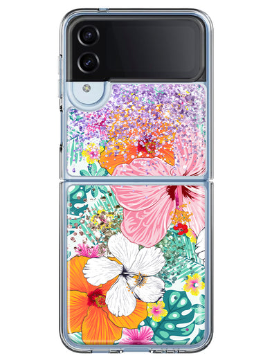 Samsung Galaxy Z Flip 4 Hawaiian Vibes Hibiscus Flowers Monstera Vacation Summer Hybrid Protective Phone Case Cover