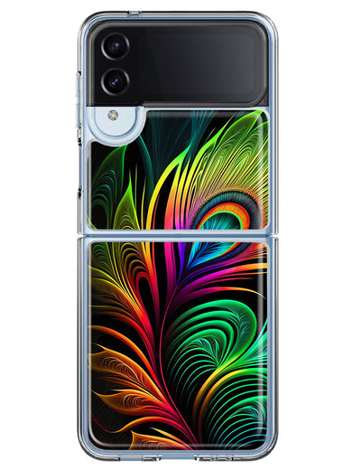 Samsung Galaxy Z Flip 4 Neon Rainbow Glow Peacock Feather Hybrid Protective Phone Case Cover